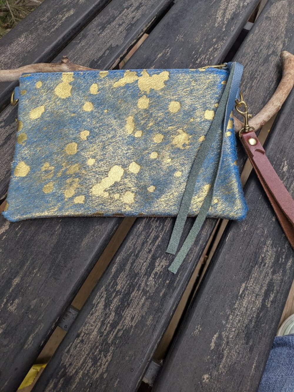 BuxieJo Metallic Blue Gold Cowhide & Bronze Leather Stout Clutch Wristlet 10x6.5